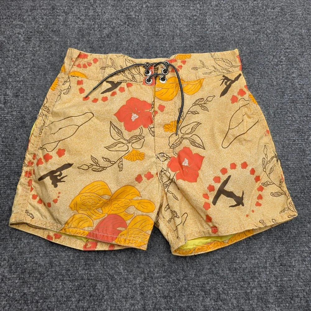 Birdwell Beach Britches Board Shorts Mens 26 Yellow Floral Fish Surfer Vintage‎